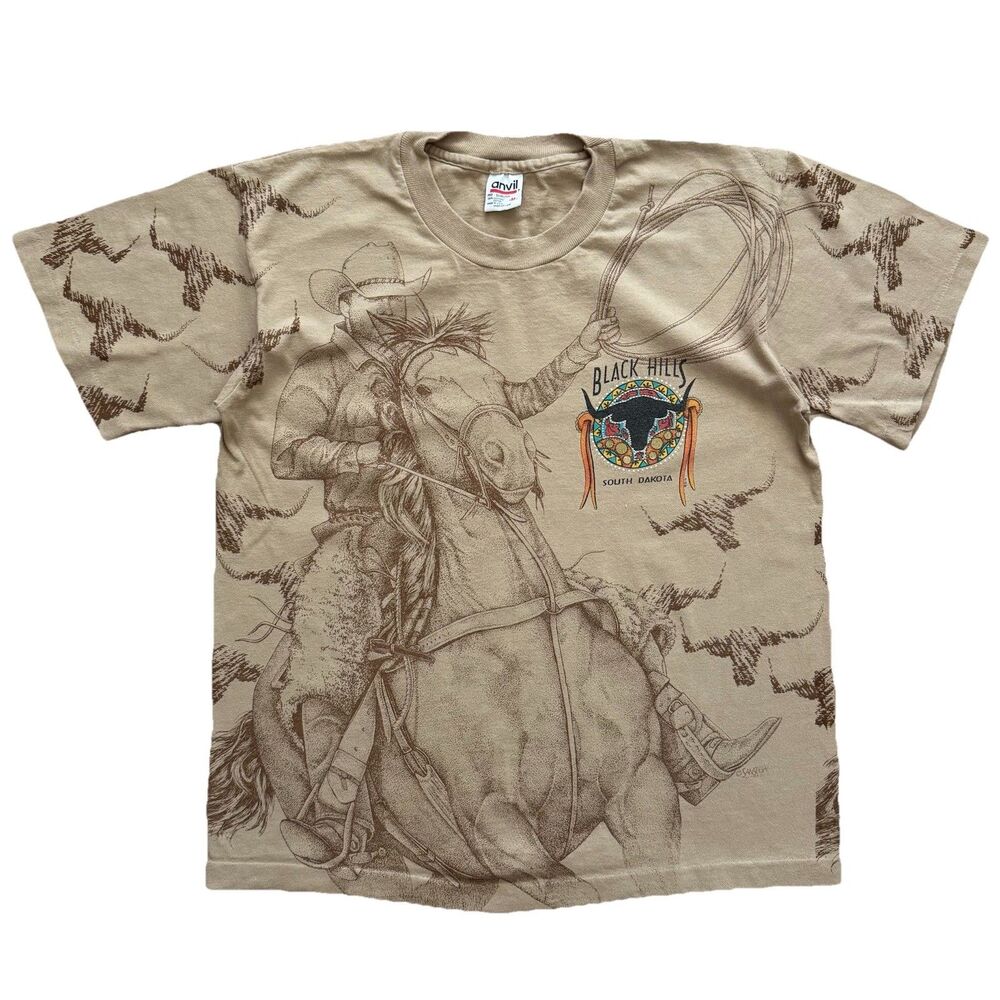 Vintage 90s Black Hills South Dakota Cowboy AOP All Over T Shirt USA Anvil M Exc